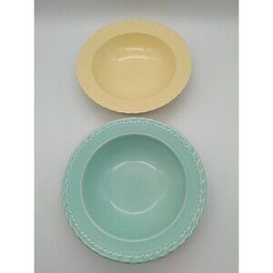 2 Vernon Kilns Native California Rimmed Soup Bowls Turquoise Yellow Pastel  Vtg